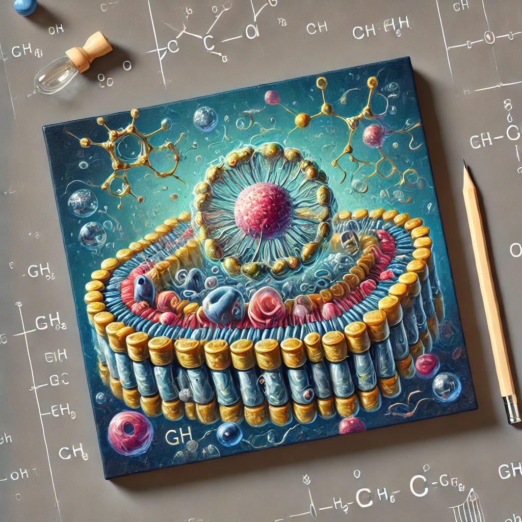 Create a square image in the style of an oil painting, focusing on the concept of the sodium/potassium membrane electrical potential (S/PMEP) and its importance for cellular function and health. The image should visually depict the balance of sodium and potassium ions across cell membranes, highlighting the disruption caused by excess calcium and resulting mineral imbalances. Use abstract representations to show the flow of nutrients like glucose and amino acids into cells, and illustrate the impaired function caused by disrupted S/PMEP. Ensure the image is free of any text or words, capturing the concept purely through visual elements.