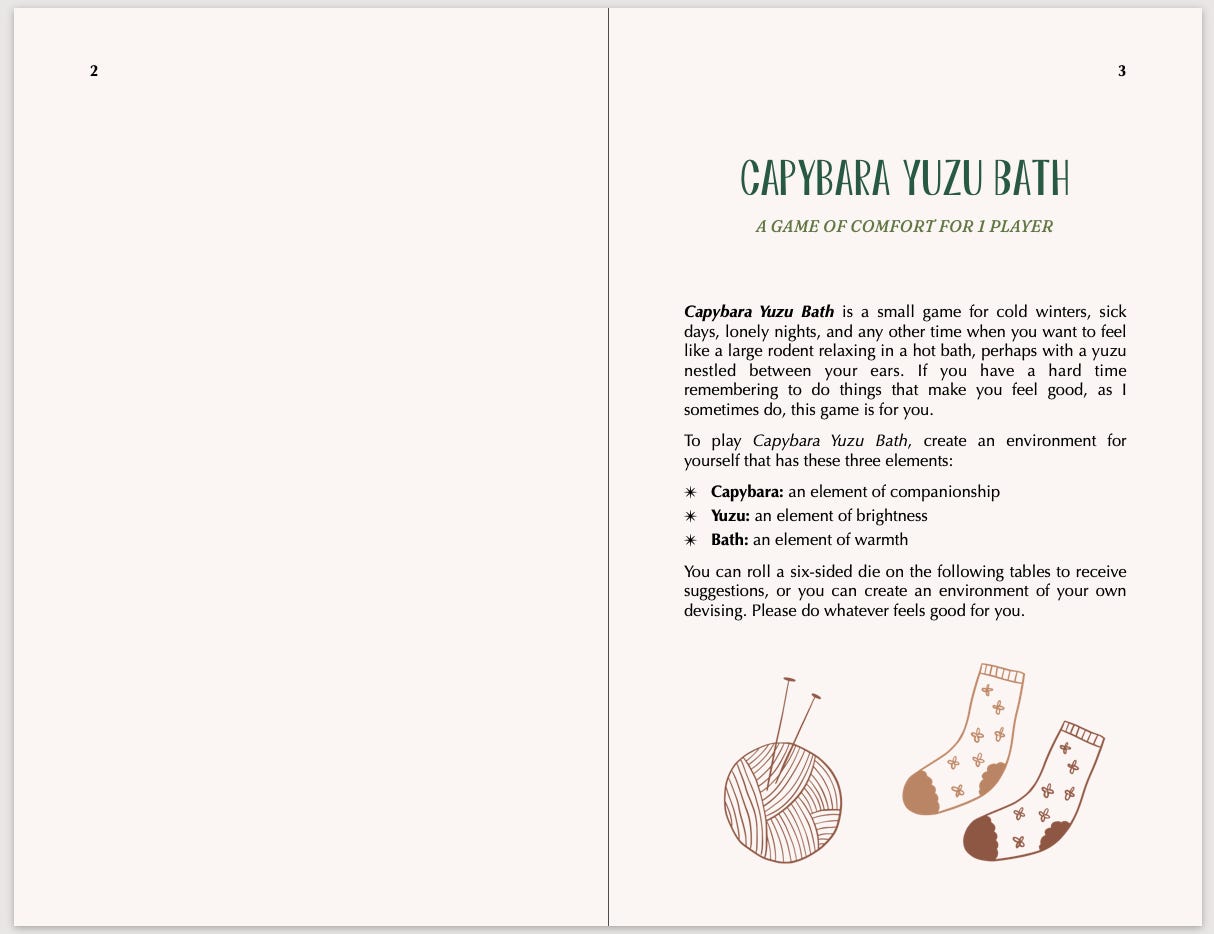 First page spread of Capybara Yuzu Bath, this time with no pattern, different art, and a darker page color.