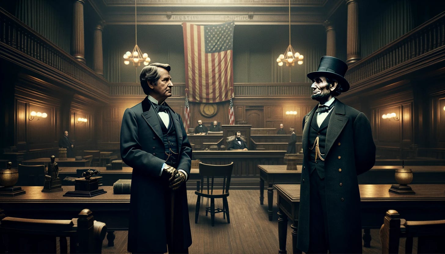 In a grand, historical courtroom with high ceilings, wooden benches, and an American flag, two distinguished figures stand prominently. The first is a man resembling a mid-19th-century politician, not specifically identifiable as James Buchanan, but matching the era's fashion with a formal, dark suit and a bow tie, possessing a dignified demeanor. Beside him stands another figure, evoking the time of Abraham Lincoln, not a direct likeness but similarly attired in period-appropriate clothing, tall, wearing a dark suit, and sporting a stovepipe hat. They are engaged in a solemn, respectful conversation, embodying the gravity and decorum of their high offices, set against the backdrop of justice and historical American values.