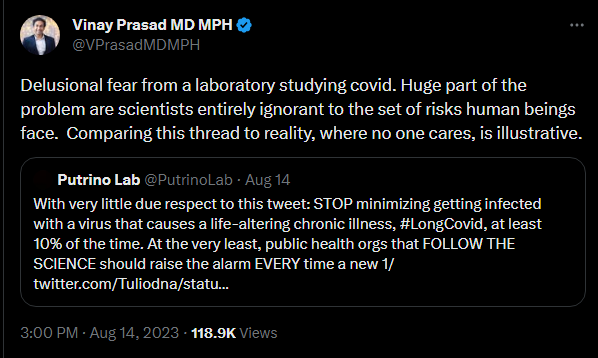 Delusional fear from a laboratory studying covid. Huge part of the problem are scientists entirely ignorant to the set of risks human beings face.  Comparing this thread to reality, where no one cares, is illustrative.