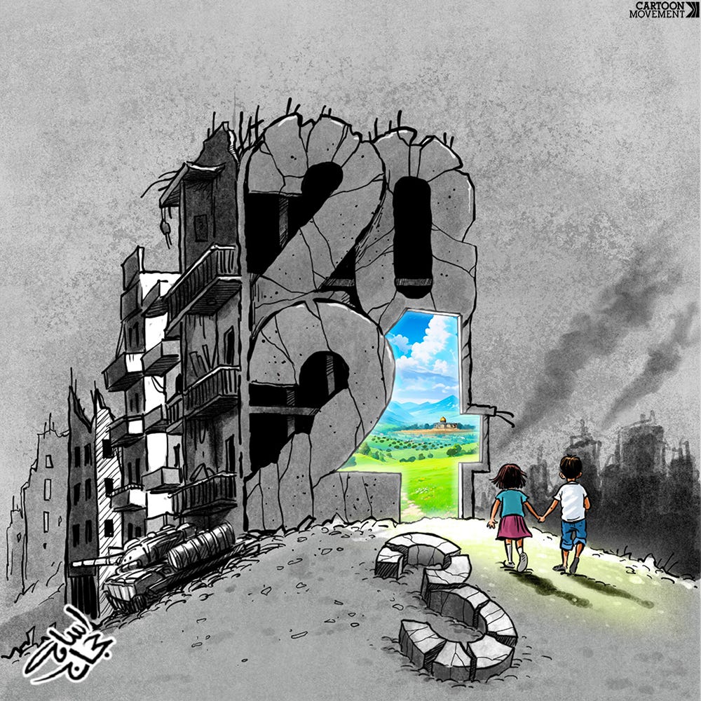 Cartoon showing a grey sky and a grey  crumbling ruin of a building in the shape of 2023. In the background are more smoking buildings. The 3 has fallen out and lies in pieces on the ground. The hole that is left is in the shape of a 4; through this hole we see green grass, tress, and a blue sky. Children are working towards the hole.