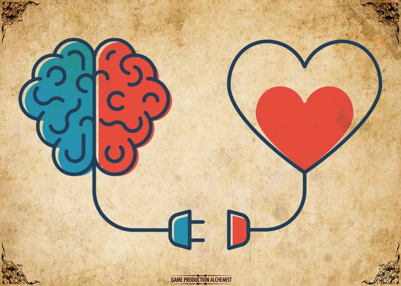 tylised graphic of a blue and red brain connected to a heart by a cord, resembling a pair of headphones, on a textured parchment background with the caption 'Game Production Alchemist'.