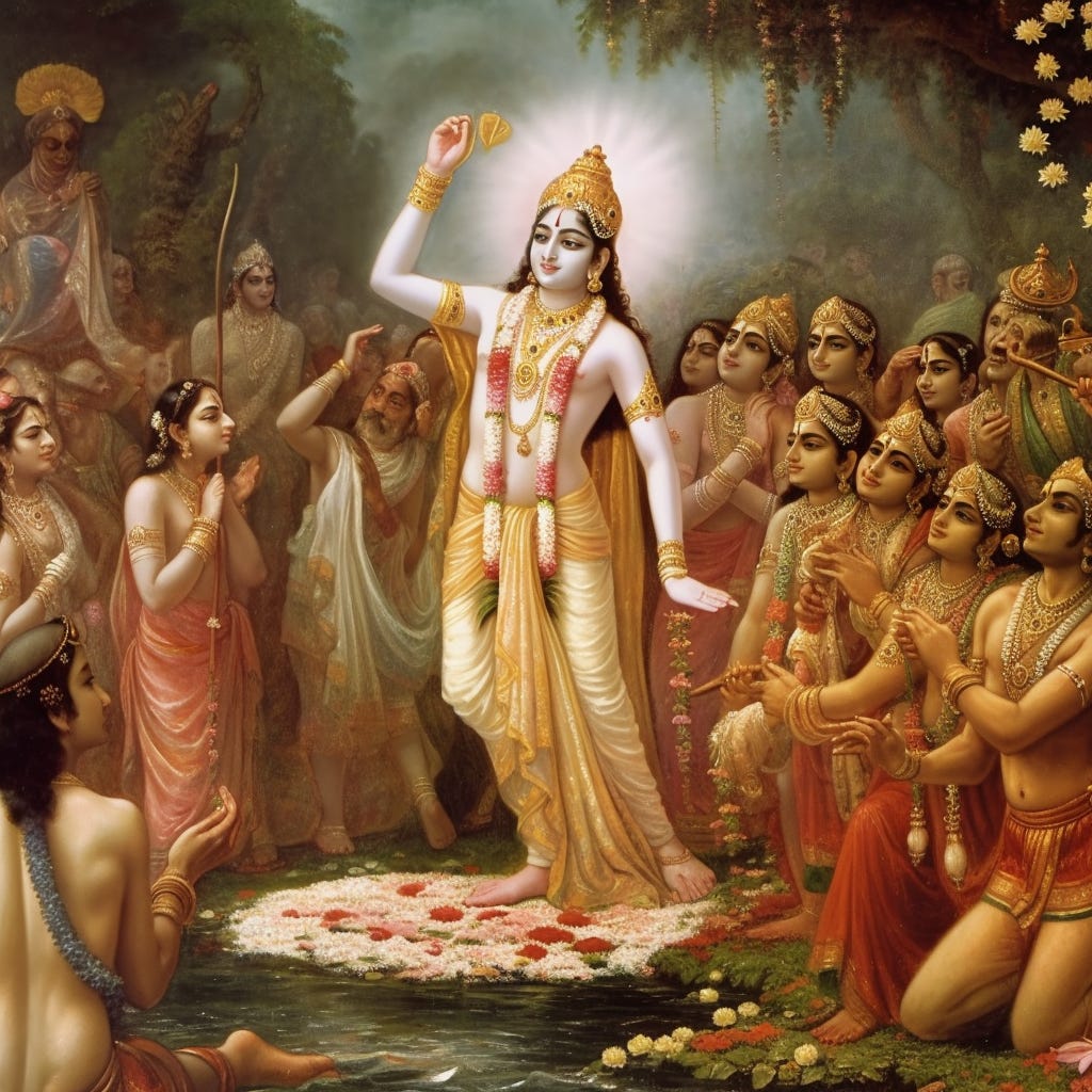 Image depicting an Indian god-like figure being worshipped by others