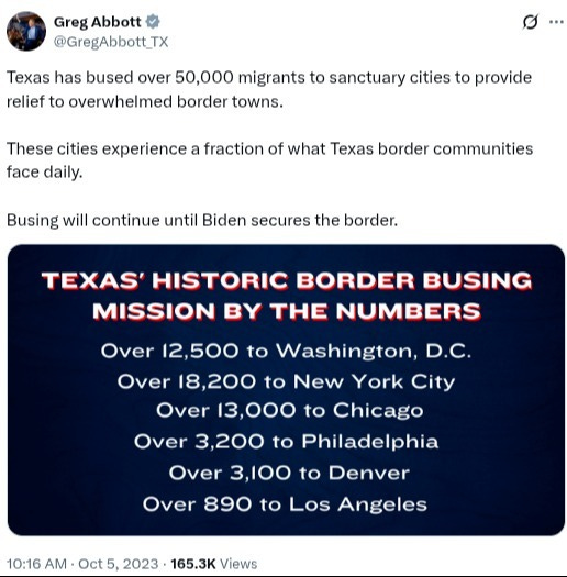 Governor Greg Abbott reports 50,000 migrants have been shipped from Texas to other states through "Operation Lone Star" (Oct. 5, 2023)