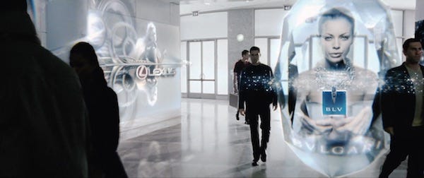 Personalized ads in Minority Report (2002, 20th Century Fox, screen capture)