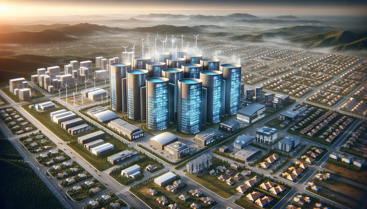 A futuristic visualization of rapidly-growing data centers located in outer suburb and exurb communities. The image should show large, modern buildings with advanced architectural designs, dedicated to AI computing. These buildings are surrounded by a developing suburban landscape with smaller houses and green areas. The setting reflects a blend of technology and residential life, with data centers being the focal point. They are equipped with numerous satellite dishes and solar panels, indicating high-tech capabilities. The atmosphere should convey a sense of rapid expansion and cutting-edge technology in a suburban environment.