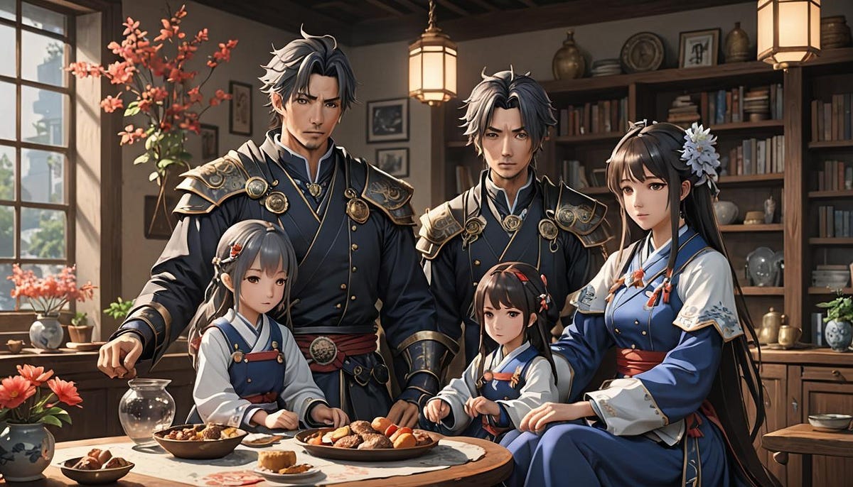 family gathering of 2 boys and 3 girls, anime depiction