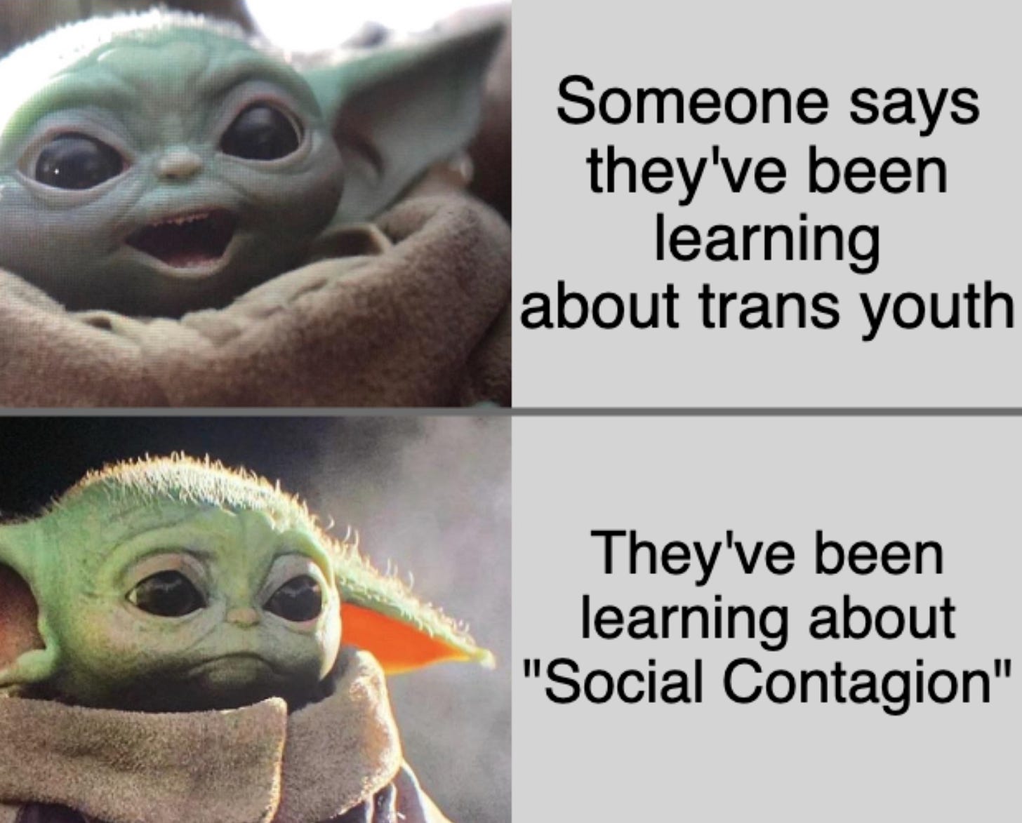 Meme with Grogu from The Mandalorian happy at "Someone says they've been learning about trans youth." Then Grogu is sad at someone saying "They've been learning about 'Social Contagion'"