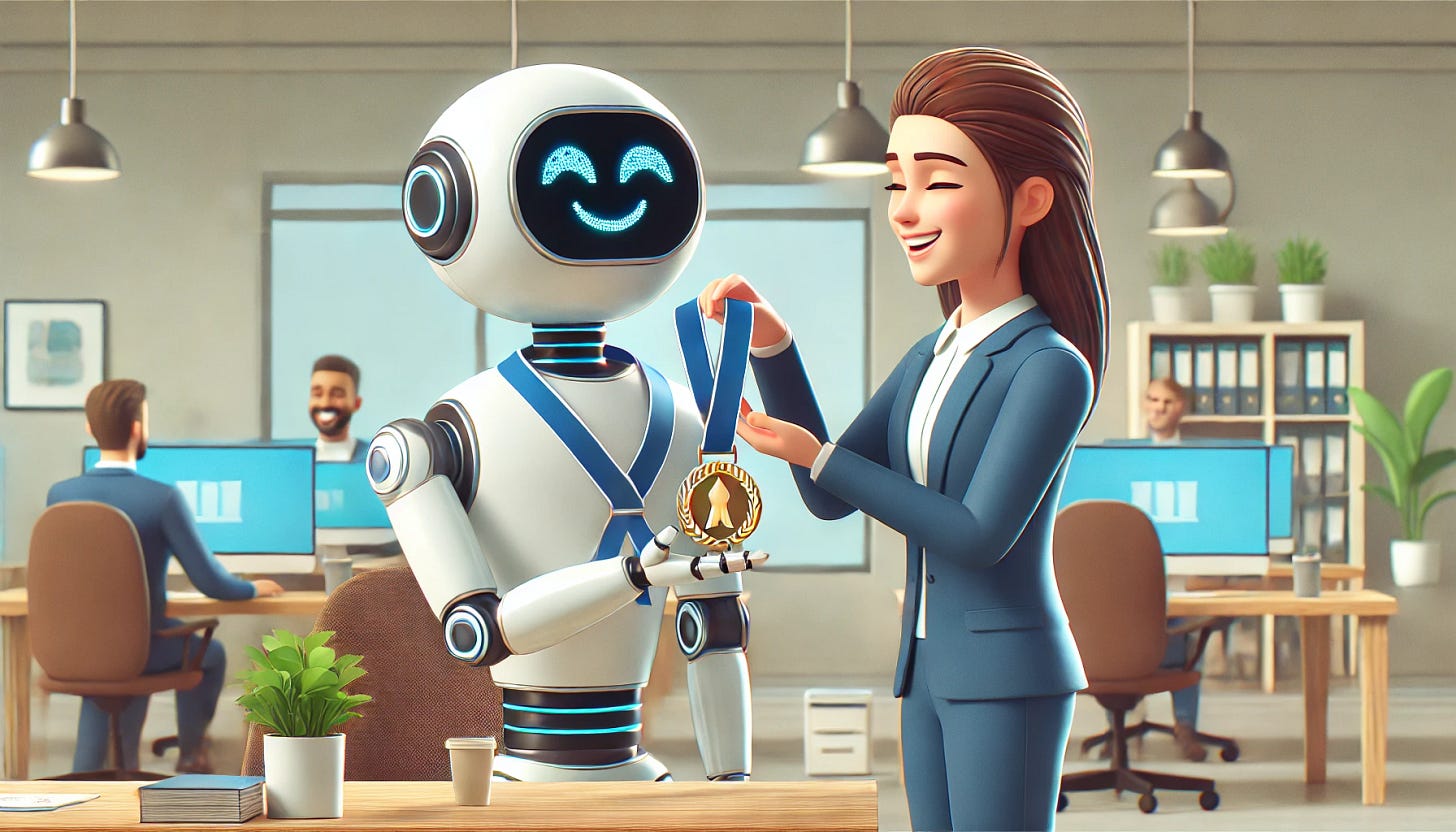 A friendly robot boss is placing a medal on a happy employee. The scene is set in an office environment with both characters smiling. The robot boss has a sleek, modern design with a friendly face display, while the employee is a human, looking joyful and proud. The office has a professional yet welcoming atmosphere, with desks, chairs, and a few plants. The image is set in an 8:5 aspect ratio.