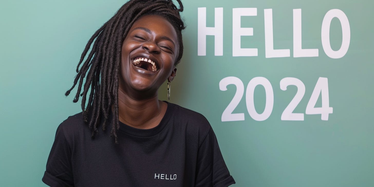 a young Black British woman with long dreadlocks wearing a black t-shirt, laughing happily, in front of a pastel green studio wall with the text "HELLO 2024" printed on it in huge white letters