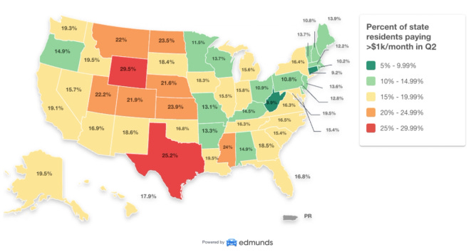 Chart showing how much people pay for their cars per month across the US