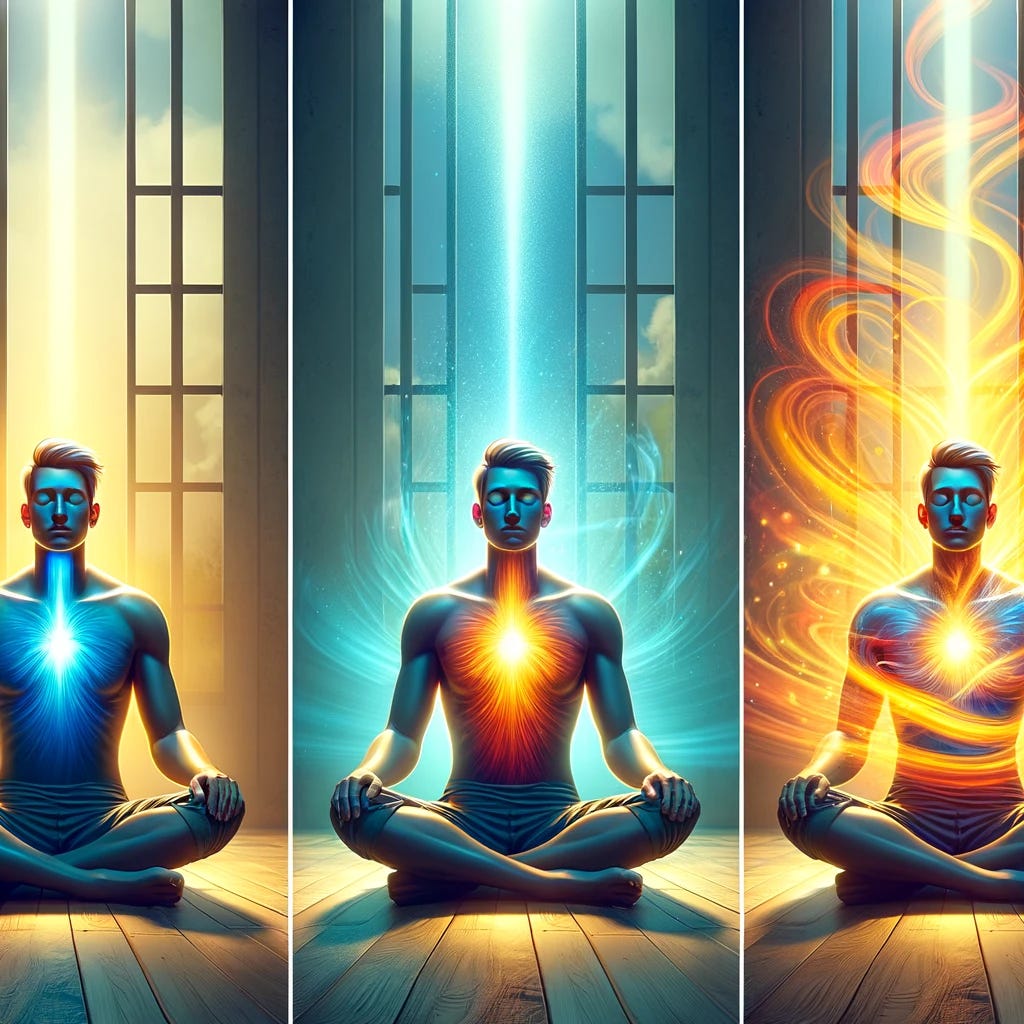 Create an animated image of a regular person sitting cross-legged on the floor in a serene, brightly lit room. The animation should depict three phases of breathwork exercises to improve focus, reduce stress, and increase energy. In the first phase, the person closes their eyes, takes a deep breath in, and slowly exhales, visualizing the breath as a blue wave of energy enhancing focus. In the second phase, the animation shows the person adopting a slightly different posture, perhaps placing hands on the abdomen, breathing deeply and evenly, visualizing stress melting away as a red energy dissipating into the air. In the third and final phase, the person's breathing becomes more vigorous, simulating an energizing technique, and visualized as a vibrant yellow energy swirling around, signifying a boost in energy. The background should remain calm and unchanged, emphasizing the internal changes experienced through the breathwork. This version should be less cropped to include more of the serene room and ensure the entire figure of the person is visible, creating a more complete and immersive scene.