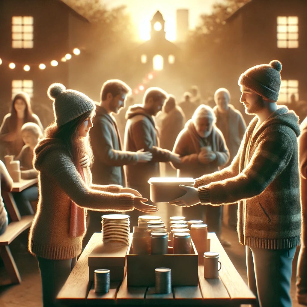 A realistic and hopeful illustration of a small grassroots organization helping homeless individuals in a community setting. Volunteers are handing out warm meals, offering blankets, and providing support in a welcoming outdoor environment. The atmosphere is warm and uplifting, with soft lighting and a sense of togetherness. The focus is on human connection and assistance, with a subtle background of a small town or community center.