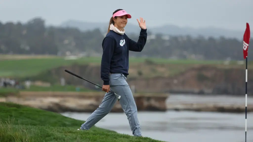 PEBBLE BEACH, CALIFORNIA - JULY 07: Michelle Wie West of the United States walks to the 18th green during the second round of the 78th U.S. Women's Open at Pebble Beach Golf Links on July 07, 2023 in Pebble Beach, California.