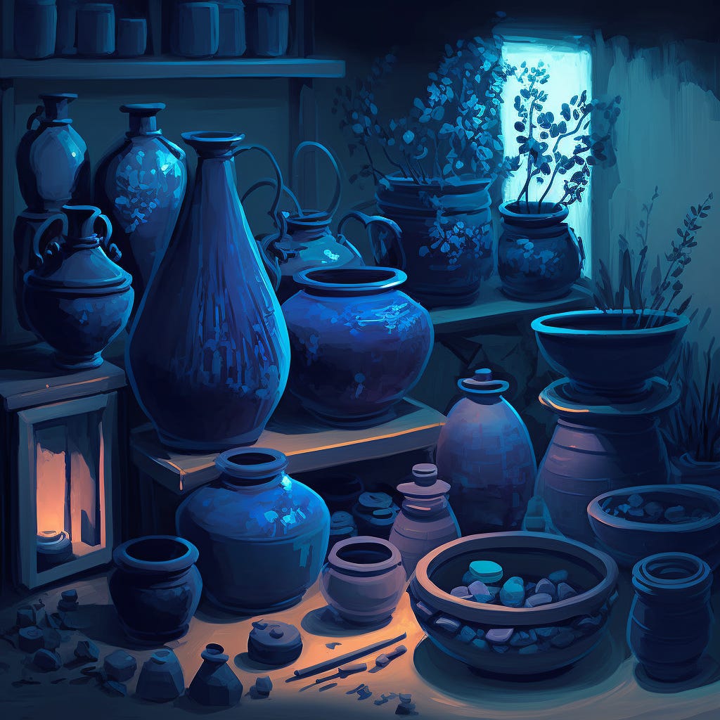 A pottery studio full of blue pots