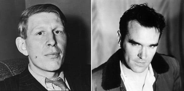 Parallel black-and-white photos of Auden and Morrissey, looking directly at the camera