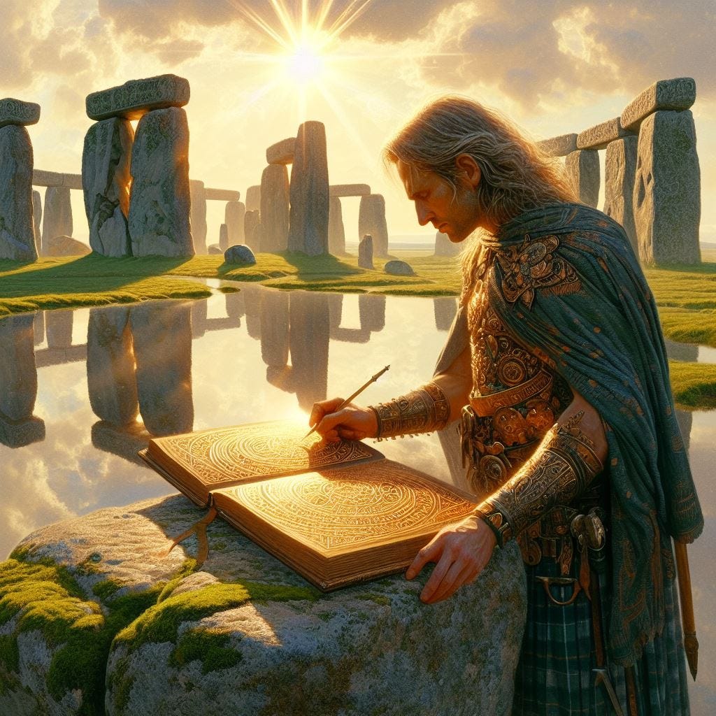 Hyper realistic; Close up heroic middle aged manin kilt. Stonehenge Megaliths: Utilized Sarsen and Bluestone.He is drawing book of kellswith golden writing in it. Border green moss, and reflecting water. vast distance. sunny made of copper. There is a sunshower and a see through cloud.. Occlusion. Ethereal. Luminescent 
