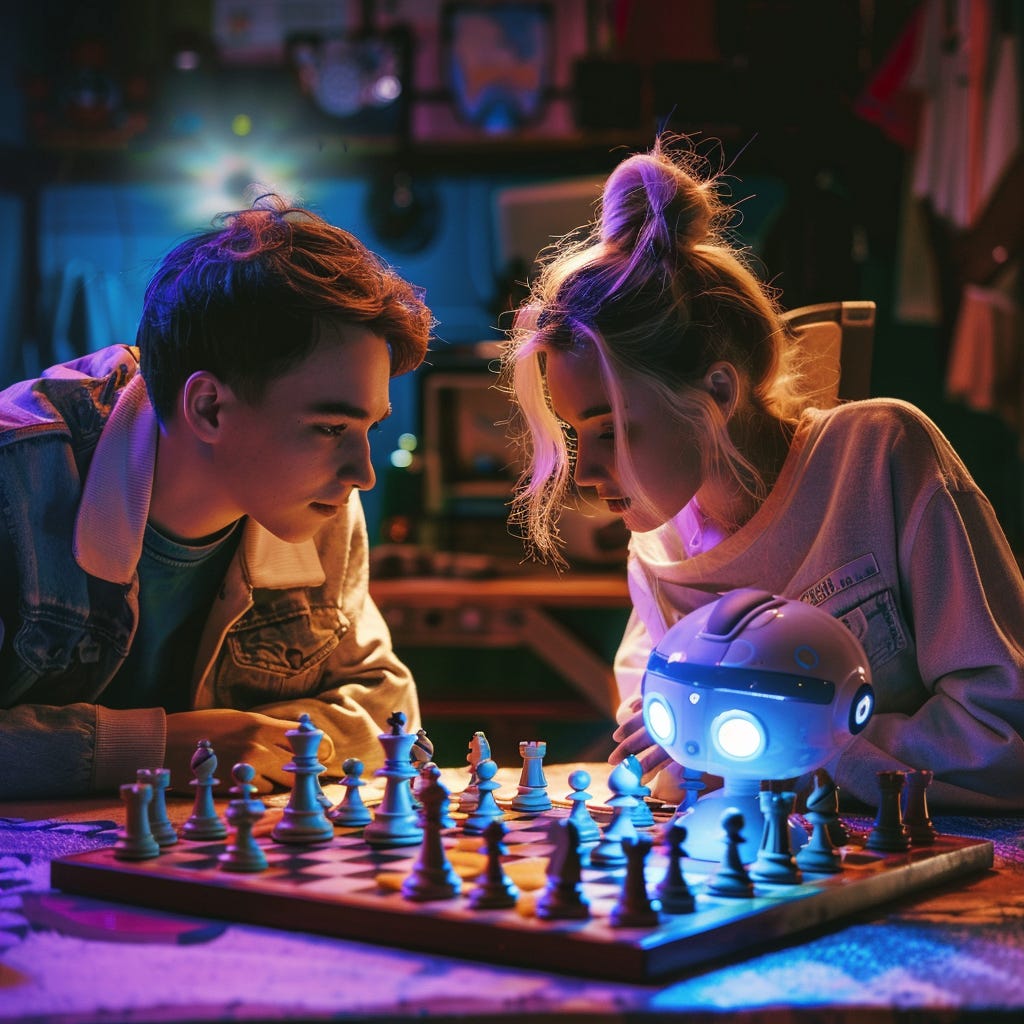 two young people playing chess, with a cute robot looking on. 