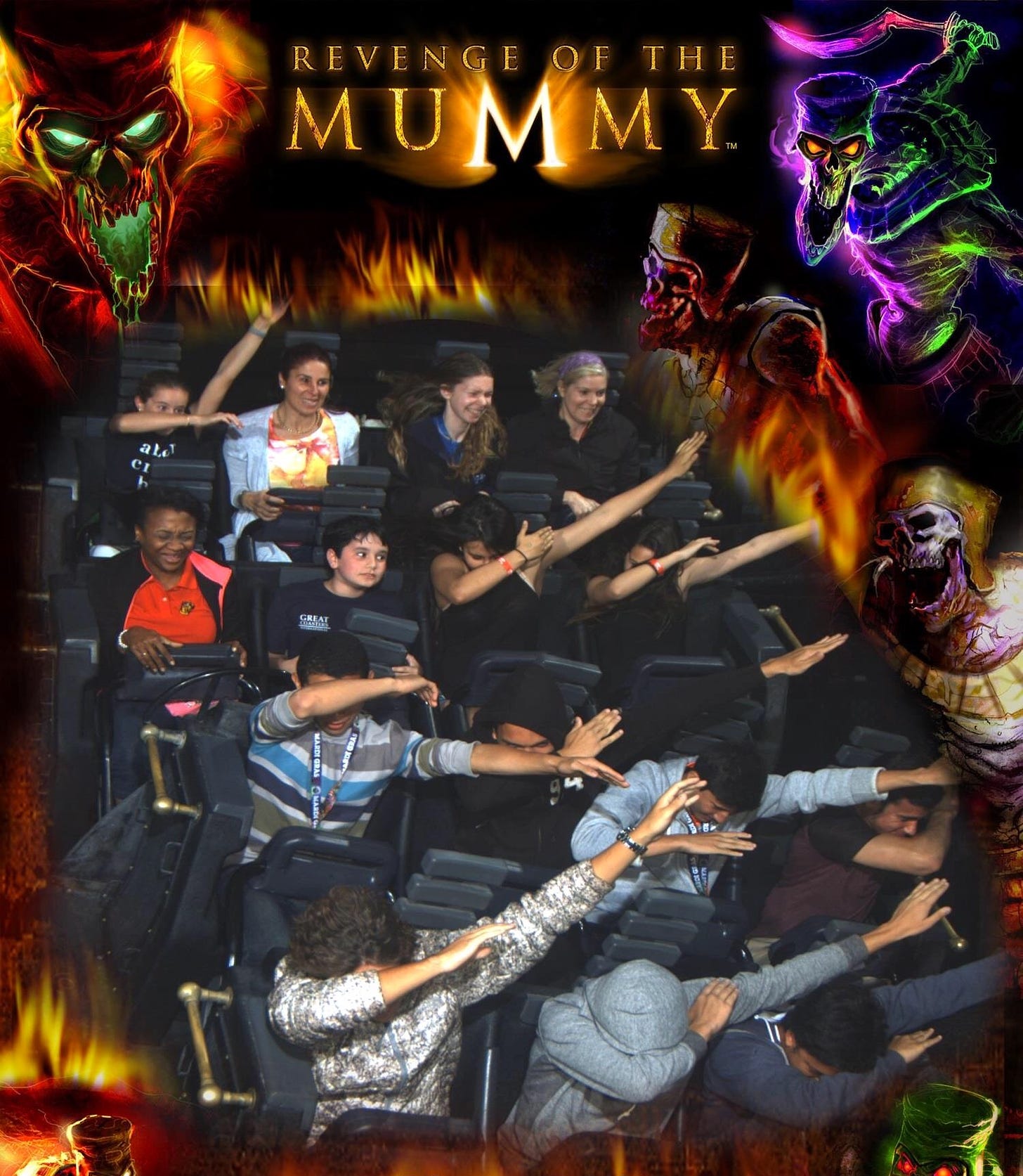 Universal Orlando Revenge of the Mummy ride photo. All riders are dabbing.