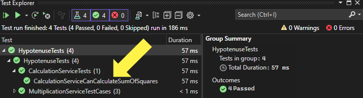 The Visual Studio Test Explorer showing all tests passed