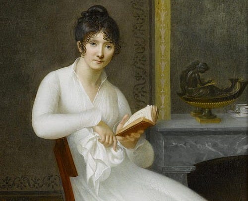 Portrait of a Regency woman looking straight ahead while holding an open book. 