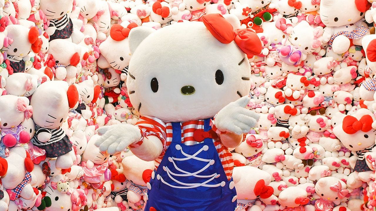 A life-size Hello Kitty surrounded by smaller toys at the party for Hello Kitty's 45th birthday in the Mall of Berlin, Germany, November 14th 2019