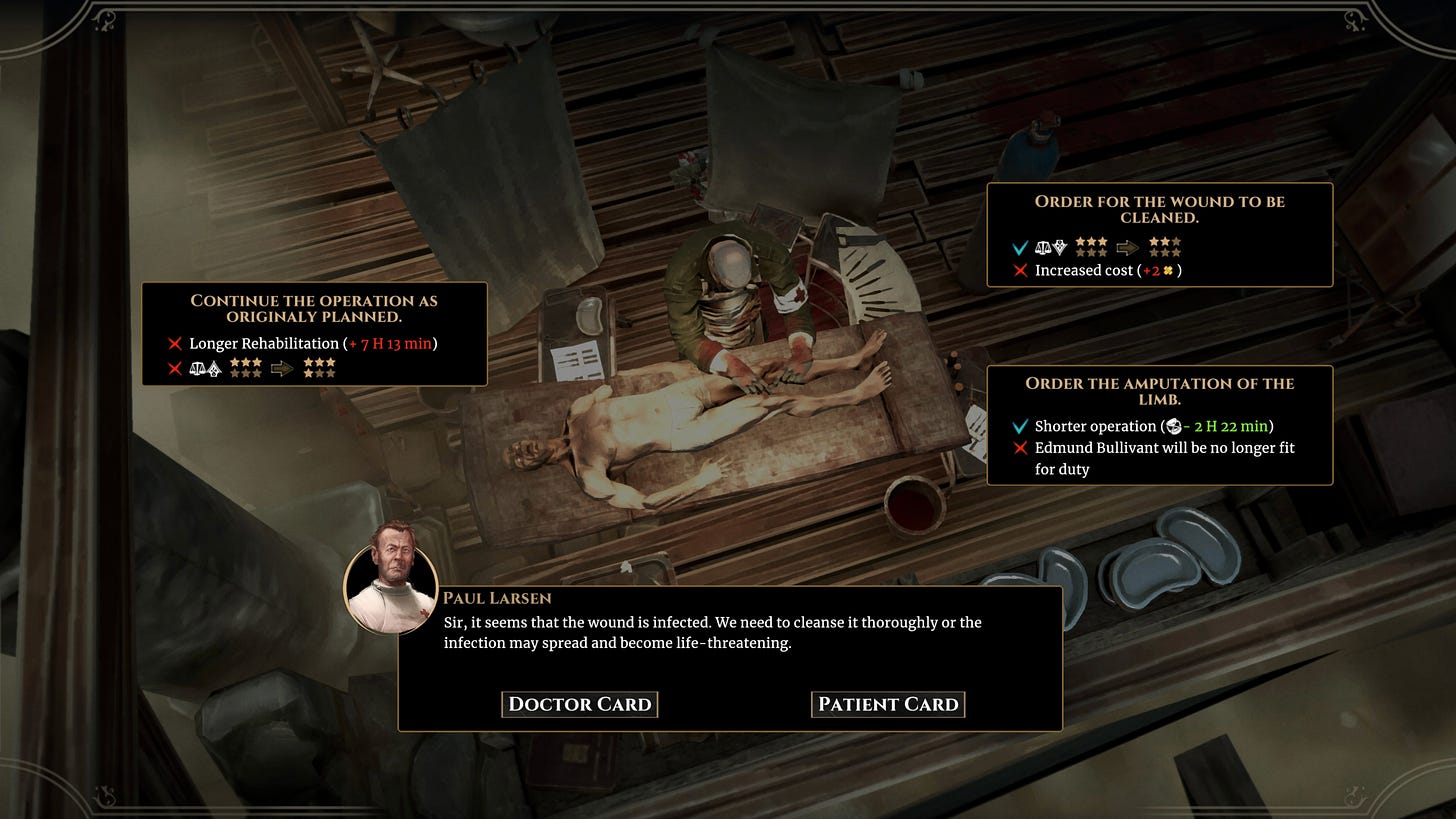 Video game screenshot showing a person on an operating table. A text bubble from a doctor says the patient's wound has been infected. Three clickable options are presented: proceeding as planned leads to longer rehab, treating the infection costs more resources, amputating the limb saves time and resources but results in one less soldier to fight the enemy.