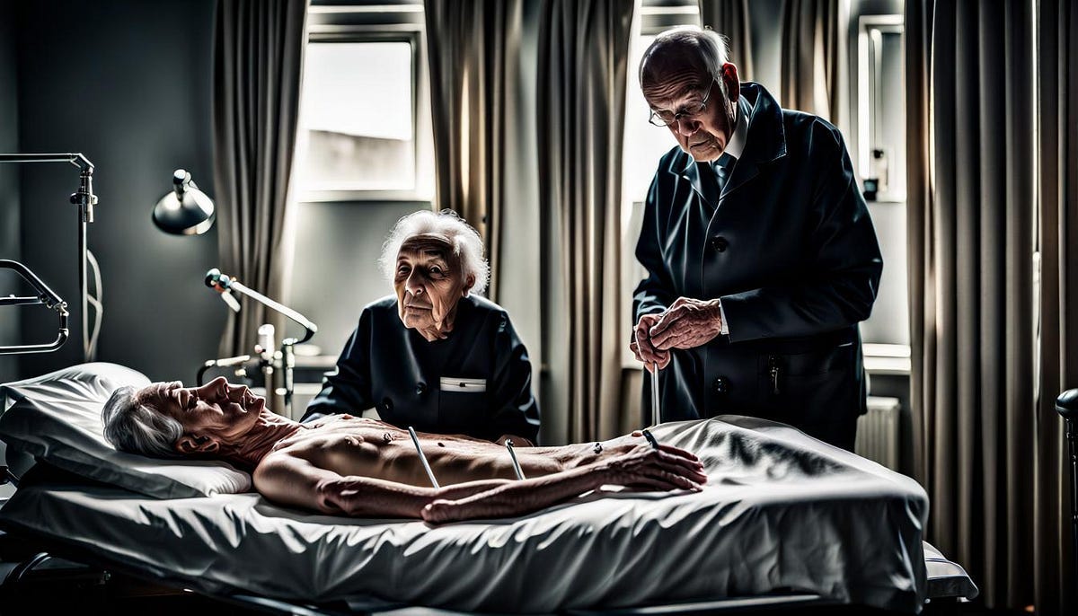 Assisted dying showing patient, relative and doctor