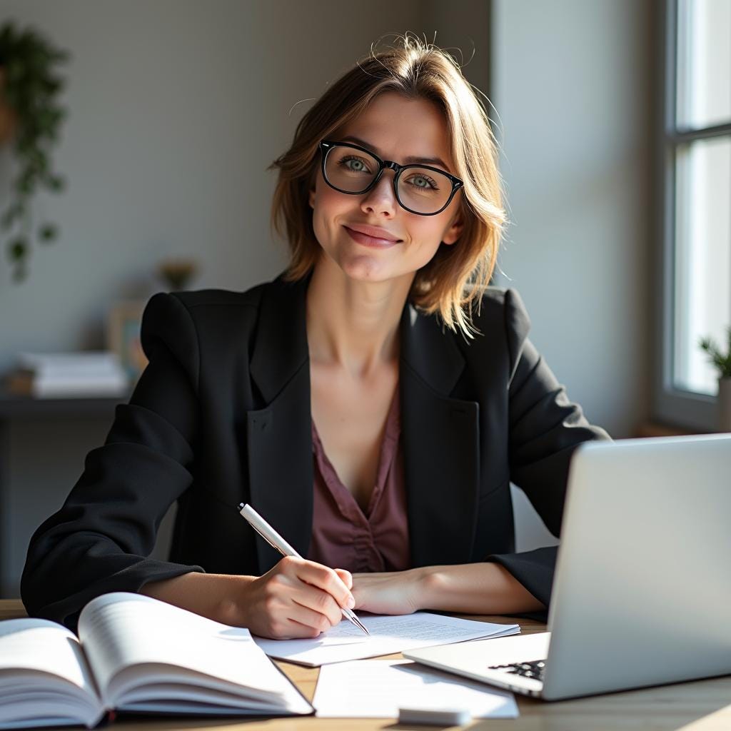 A woman in a black blazer and glasses sits at a desk writing in a notebook next to a laptop, smiling at the camera