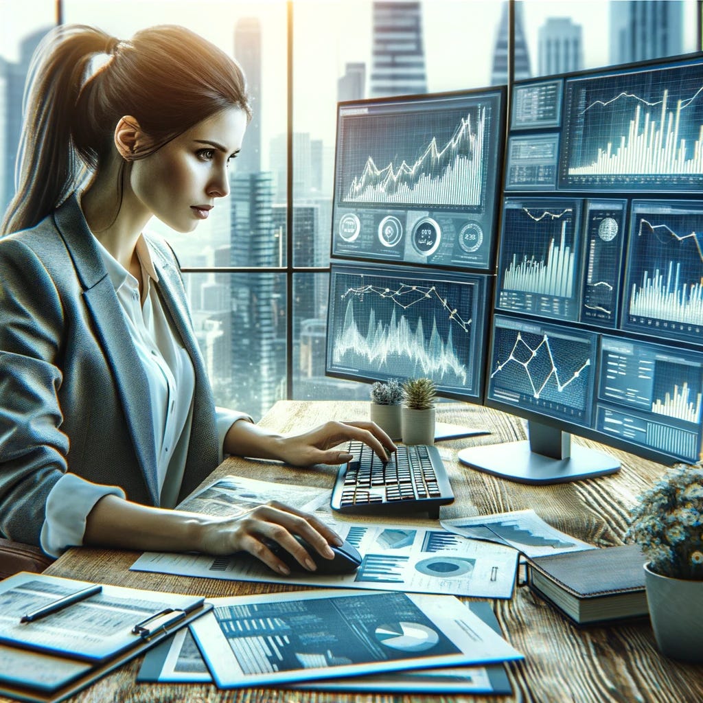 A scene depicting a focused woman working on risk analytics for real estate. She is seated at a desk with multiple computer screens displaying graphs, charts, and real estate data. The woman, dressed in business casual attire, is intently studying the information, with notes and real estate documents spread out in front of her. The setting suggests a professional office environment, with a view of urban skyscrapers through the window, symbolizing the real estate market she is analyzing.