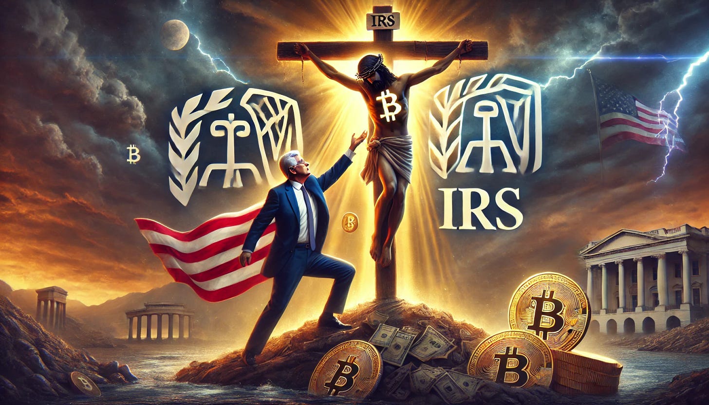 A dramatic digital painting depicting a powerful political figure, resembling a former U.S. president, lowering a figure symbolizing Bitcoin Jesus from a financial crucifixion scene, with IRS symbols in the background. The image has a biblical atmosphere, with stormy skies and a glowing light highlighting the figures. Designed as a wide banner.