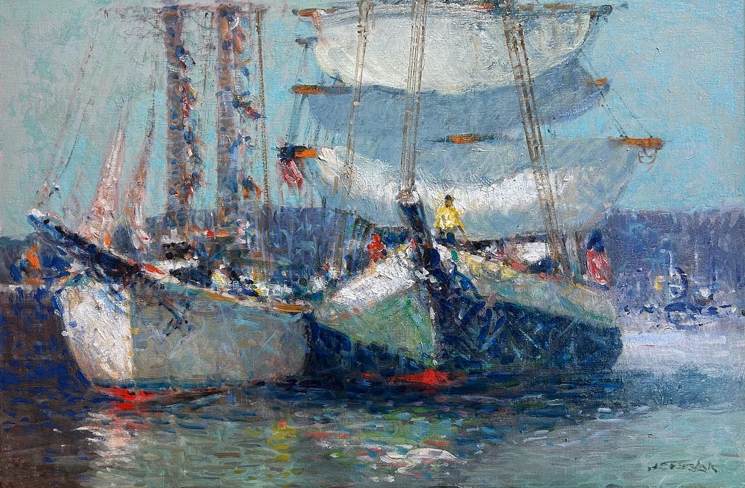 A painting of a couple of boats

Description automatically generated