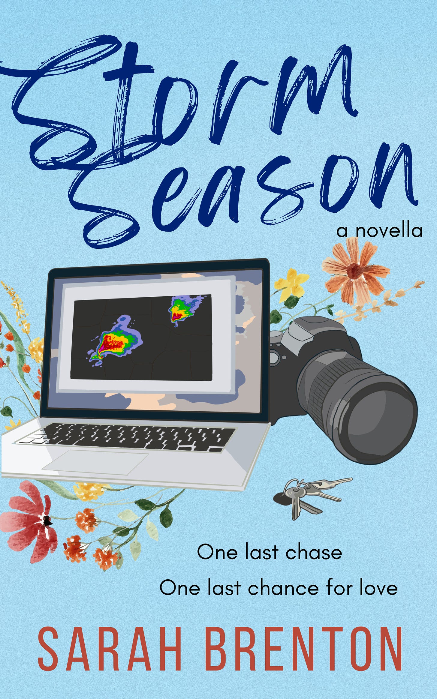 Cover for the novella Storm Season. Blue background, with an illustrated laptop with a radar image on the screen, a camera, and a set of keys in front of some orange and yellow flowers