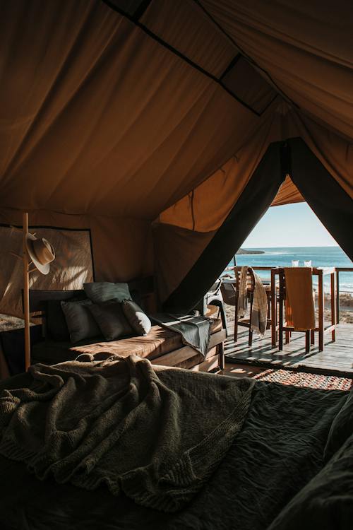 Free Cozy tent interior on exotic shoreline Stock Photo