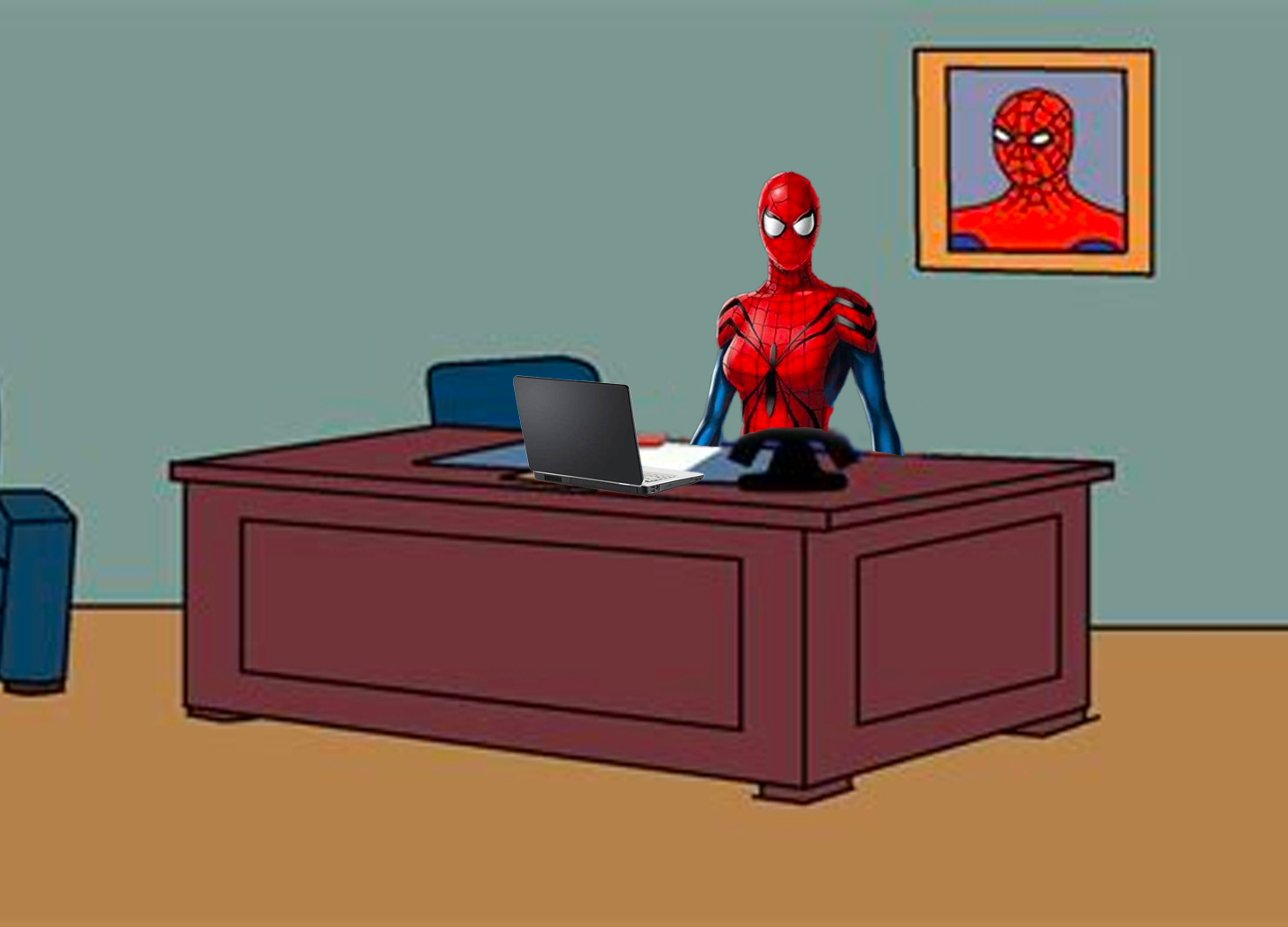 Illustration of Spider-woman sitting at desk, with Spiderman portrait on wall behind her