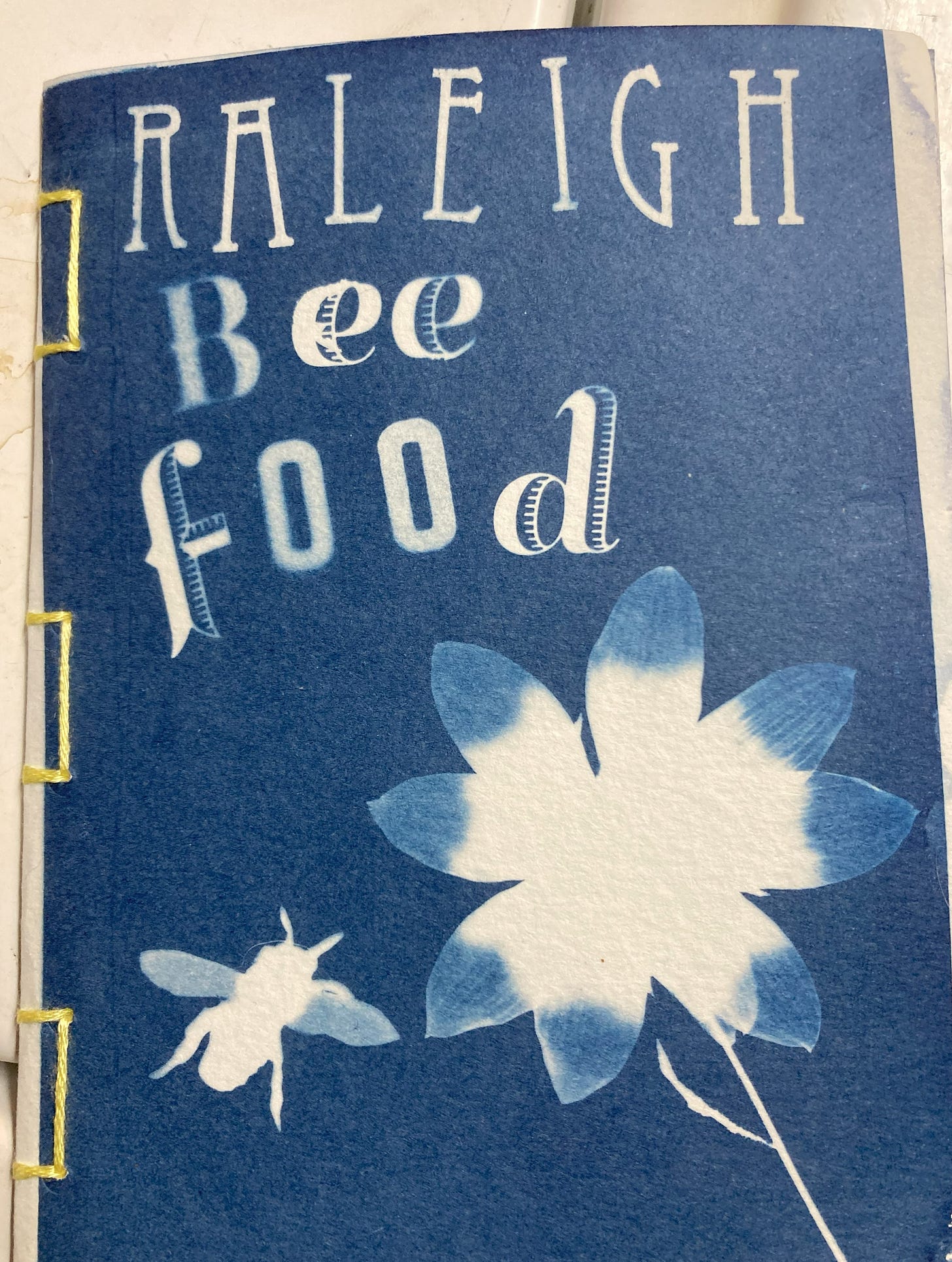 Cyanotype printed zine, Raleigh Bee Food, with a flower and bee printed in blue and white. 