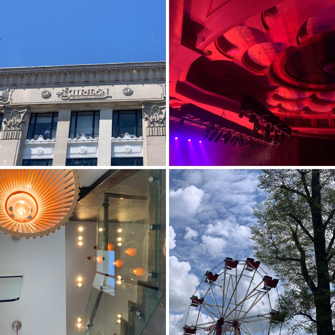 A grid of four photos: the side of a building with an ornate embossed sign that says Burton tailors; a theatre ceiling lit up in red and purple; a cafe ceiling with a wooden lampshade and lights reflected in glass; a blue sky with clouds, a tree, and the top of a fairground wheel