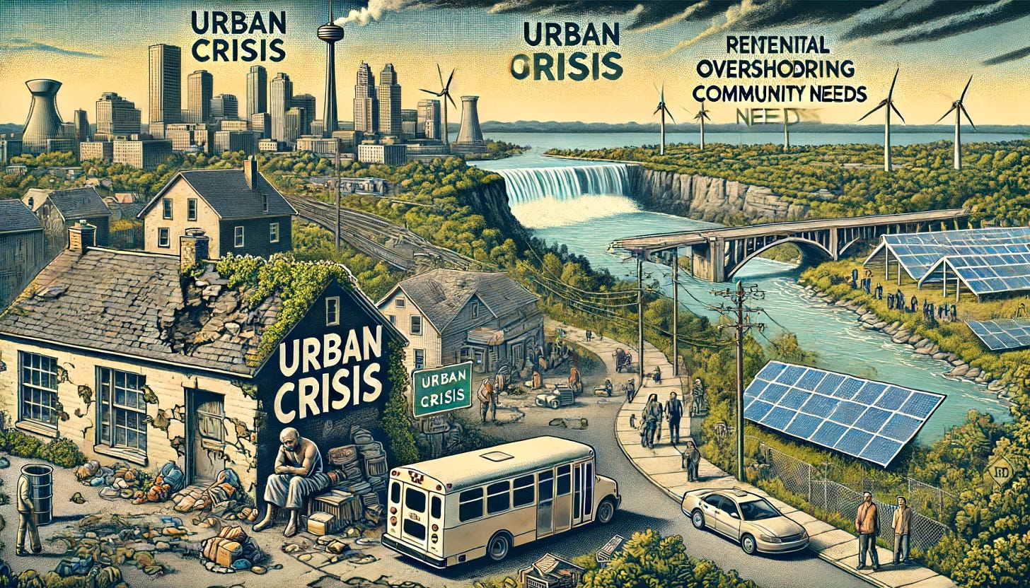 An illustration of the Region of Niagara focusing on urban crisis issues and the potential overshadowing of immediate community needs by green tech initiatives. The image should depict a struggling urban area with visible issues such as homelessness, aging infrastructure, and overcrowded public transit. In the background, show solar panels and wind turbines to highlight the contrast. The setting should still include Niagara's scenic landscape, but with a more somber tone.
