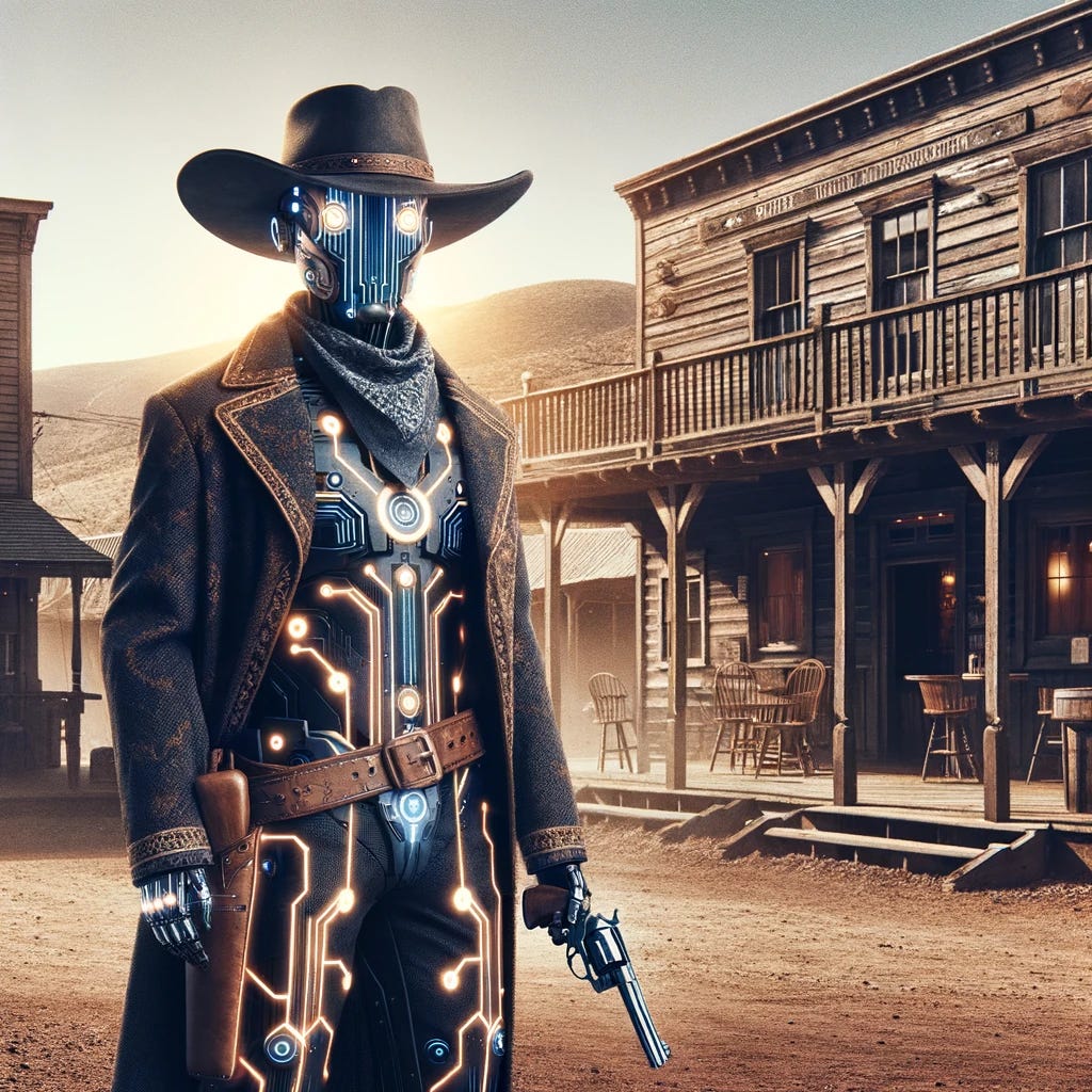 A futuristic cowboy representing an artificial intelligence, set in a Western theme. The cowboy wears a traditional wide-brimmed hat and a long coat, but with a twist of high-tech elements like glowing seams and circuit patterns integrated into the fabric. The scene is set in a dusty old Western town with wooden buildings and a saloon in the background. The cowboy stands confidently, with a futuristic revolver holstered at his side, showing a blend of old Western and modern technology aesthetics.