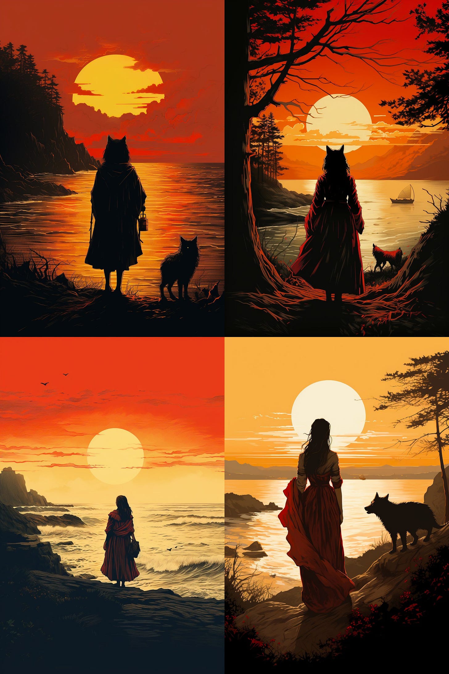 Red Riding Hood with her basket, gazing at the sea | vintage storybook illustration | muted reds and sandy tones | sunset beach with a silhouette of the wolf in the distance | merging tales; golden hour --ar 2:3 --s 180