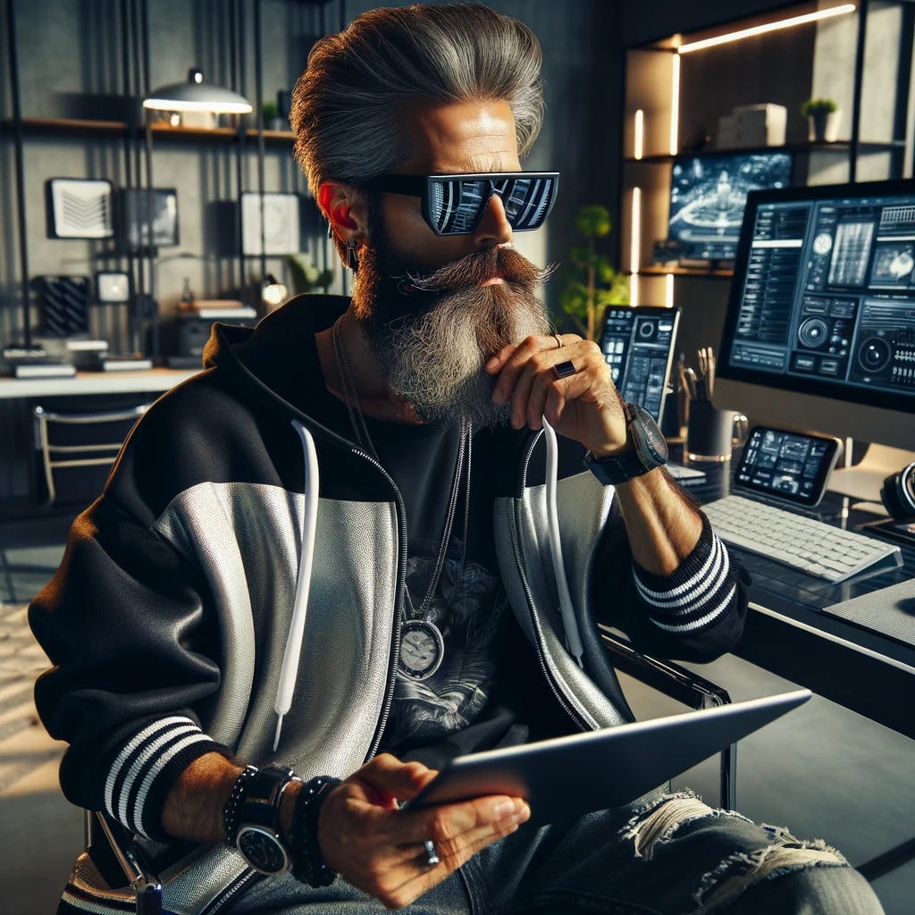 An extremely hip, futuristic middle-aged man with a full beard and head of hair, wearing stylish streetwear and sunglasses. He exudes a calm, cool demeanor. In the setting, he is sitting in a modern workspace surrounded by tech gadgets, browsing through news on a digital tablet. The environment reflects a blend of home office and high-tech tools, like a sleek desk setup with multiple screens and smart devices. The overall atmosphere is sophisticated yet relaxed, with subtle lighting that enhances the futuristic theme.