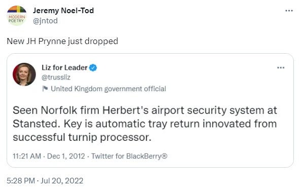 Tweet by Liz Truss MP which reads: "Seen Norfolk firm Herbert's airport security system at Stansted. Key is automatic tray return innovated from successful turnip processor". Caption: New JH Prynne just dropped.