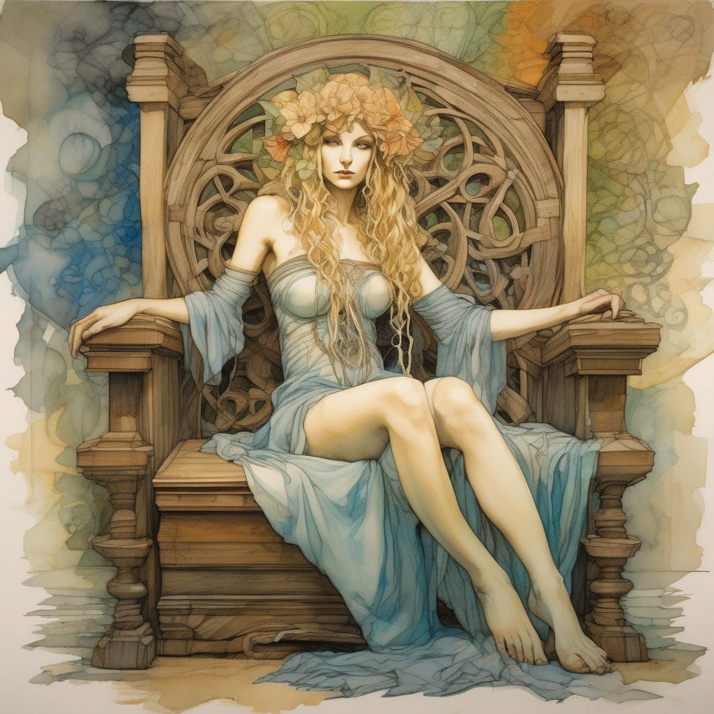 blonde fae queen seated on her throne