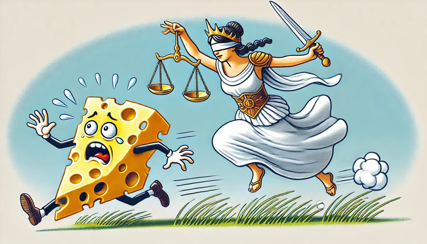 Another playful variation of the cartoon where Miss Justitia is running on the right-hand side, chasing a scared Swiss cheese on the left. This time, Lady Justice is shown with more exaggerated motion, her scales and sword swinging as she runs with determination, her robes dramatically flying behind her. The Swiss cheese looks even more terrified, rolling away as fast as possible with wide eyes and a distressed expression. The background remains simple with a blue sky and green grass, focusing on the humorous and energetic chase.