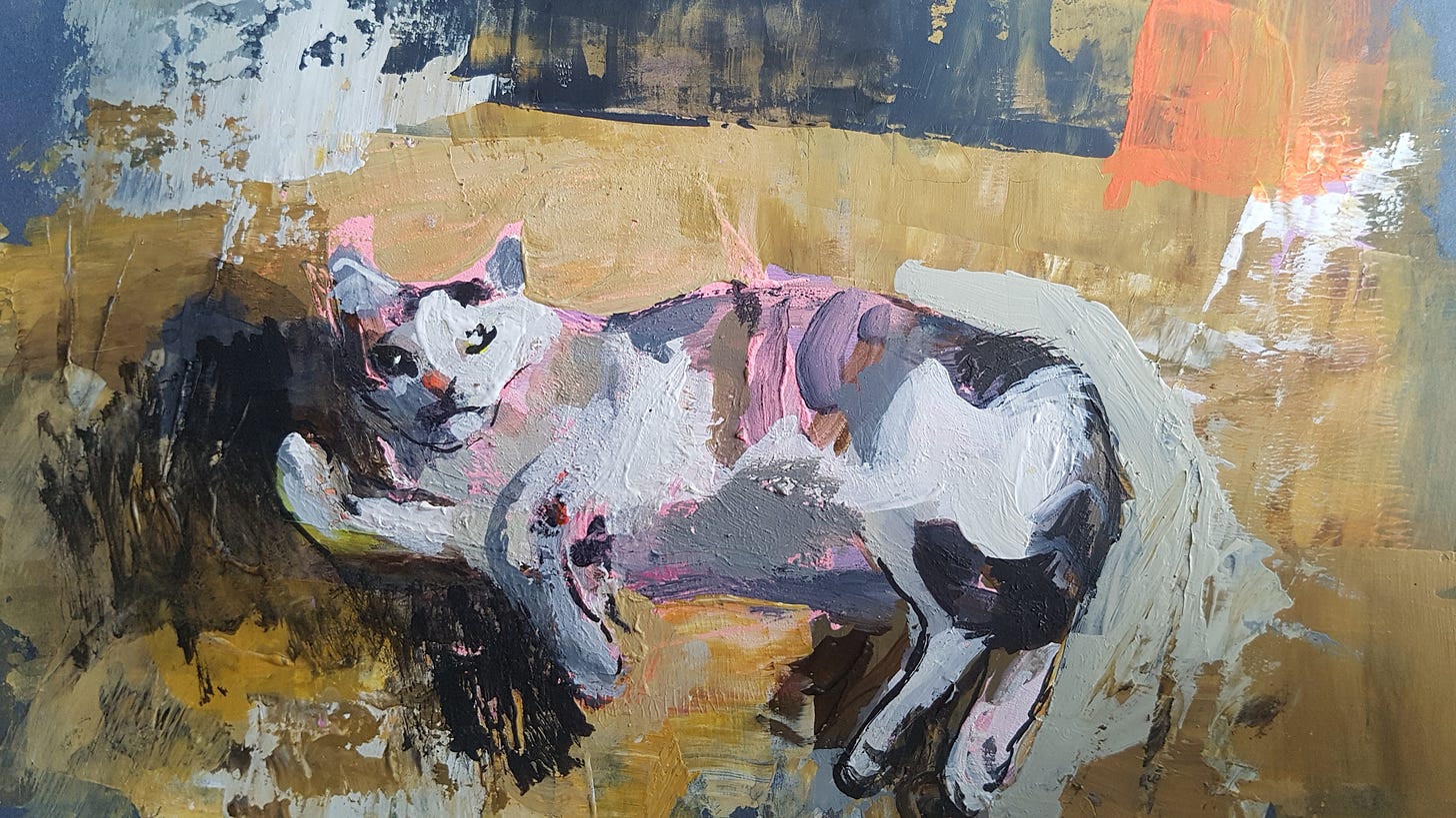 Small painted sketch of a tabby and white cat sprawled out on the floor. 