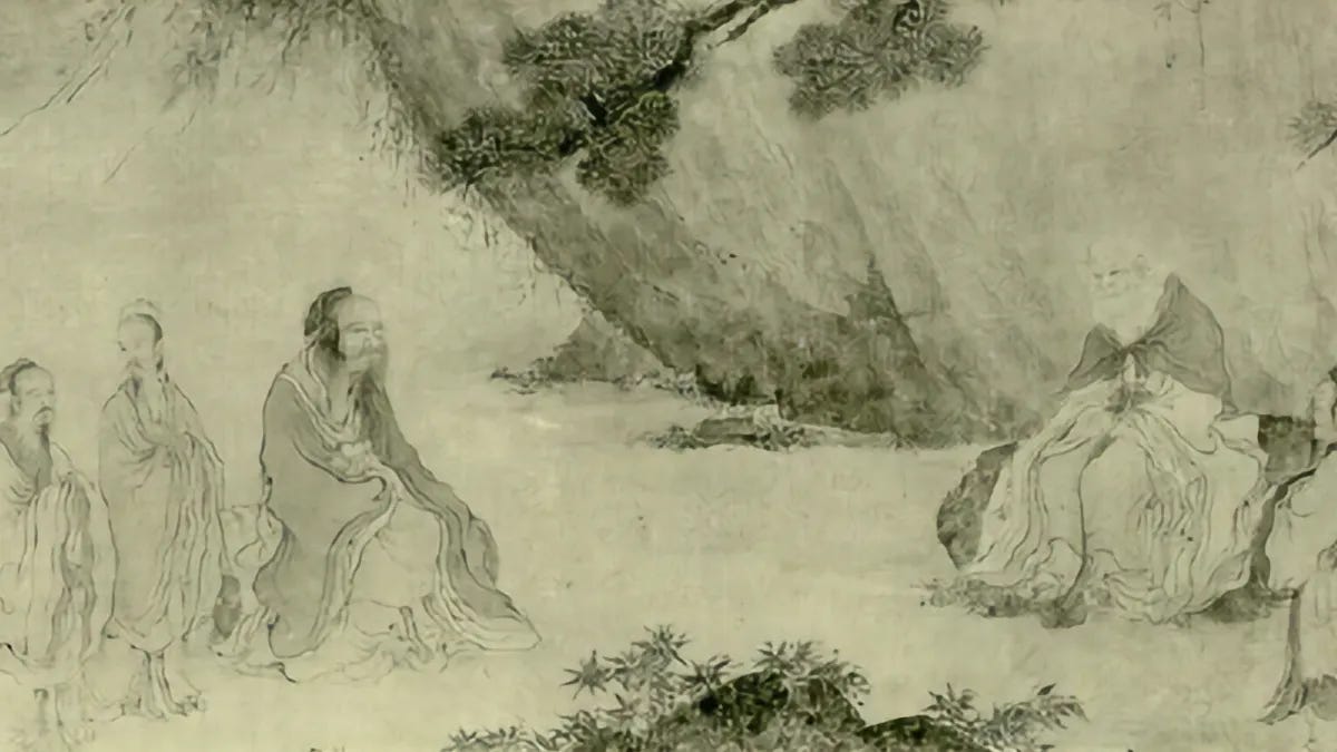 Fragment of a Chinese painting showing two old men meeting alongside other figures. Fragment of a Chinese painting showing two old men meeting alongside other figures.