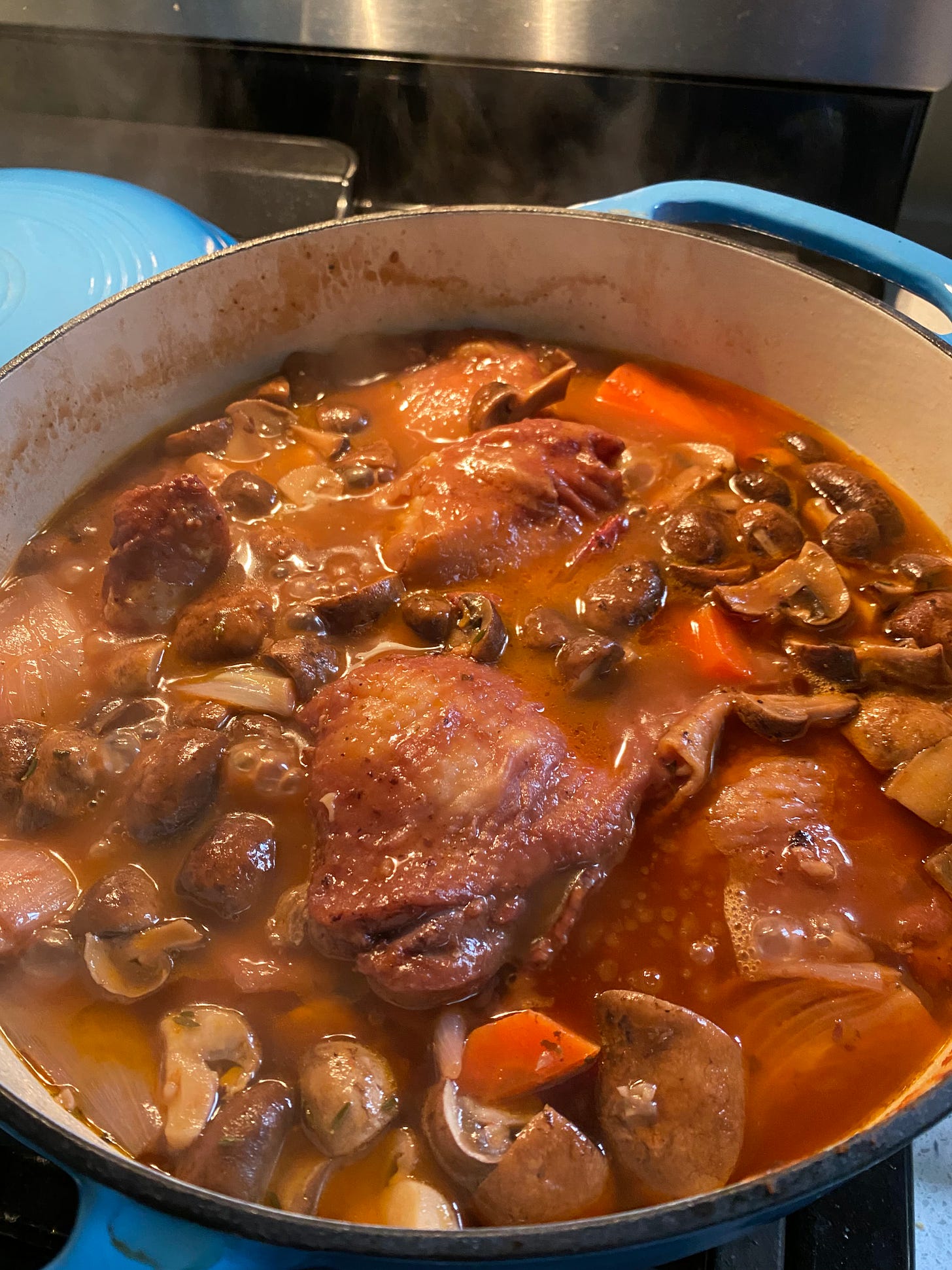Picture of coq au vin cooking in a Dutch oven.