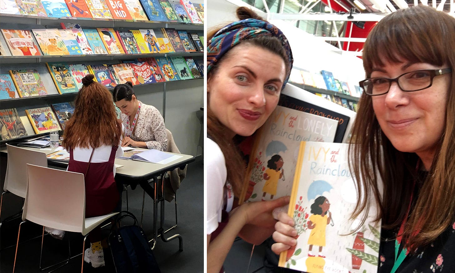 Left: Ema Malyauka getting a portfolio review at Flying Eye. Right: Ema and I with our new copies of Ivy and the Raincloud by Katie Harnett