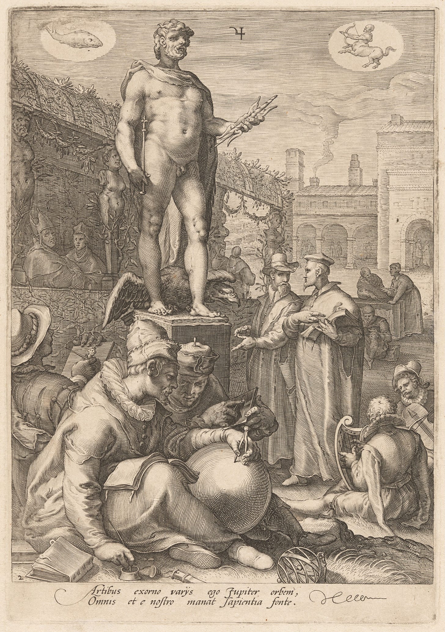 Engraving on laid paper artwork of Jupiter presiding over the liberal arts. Image from the National Gallery of Art.