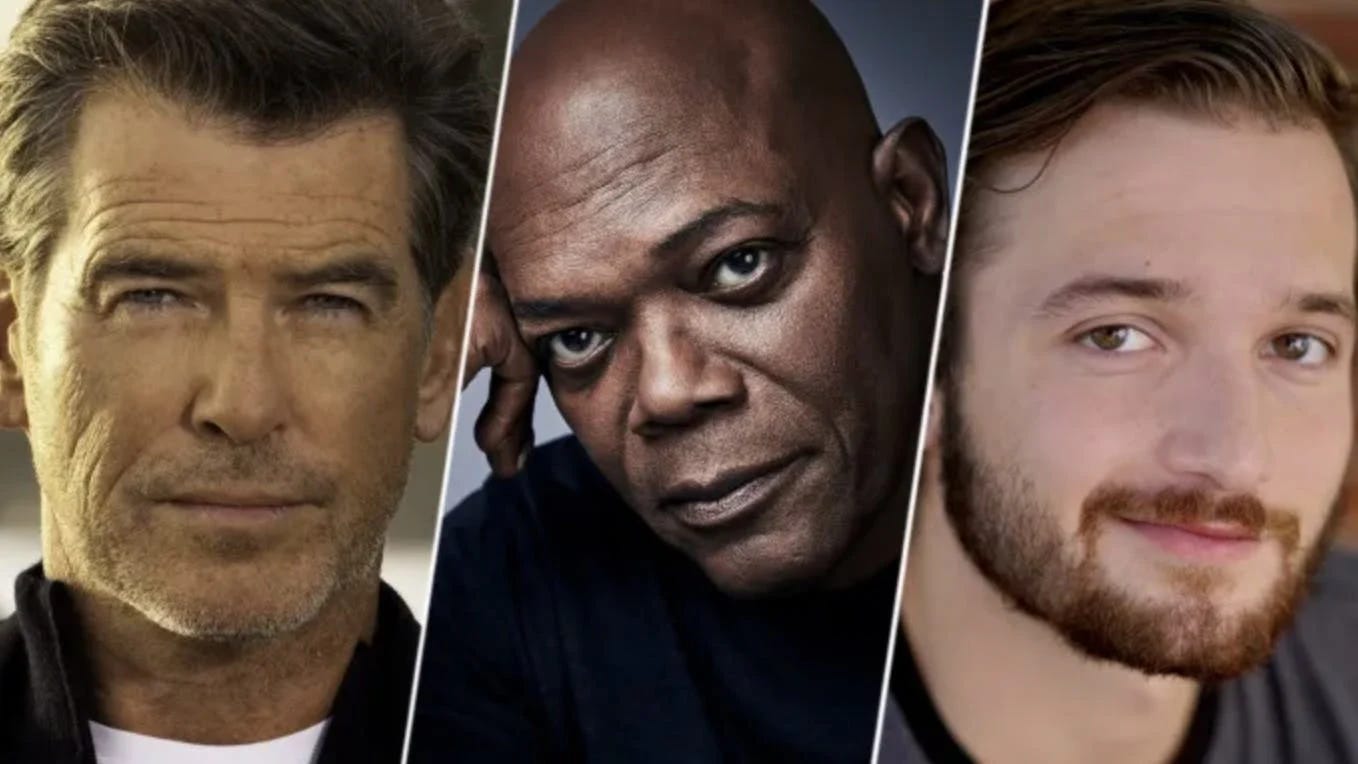 (L-R) Pierce Brosnan, Samuel L. Jackson and Brandon Lessard Greg Gorman/Art Streiber/Jane Owen